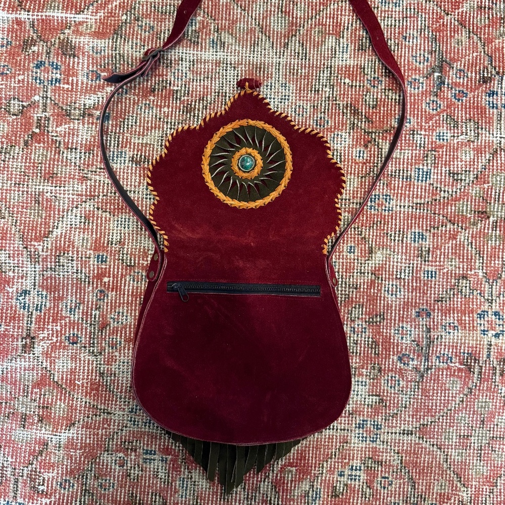 Vintage Inspired Red Suede Crossbody Bag Sunburst Eye Fringe Boho